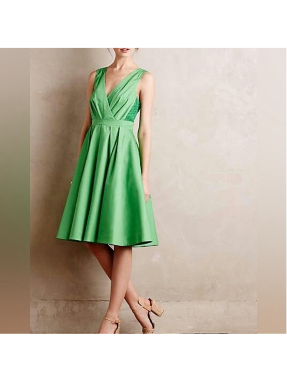 Collette Dinnigan Anthropologie Green Cotton Dress Fit And Flare Formal Size 8